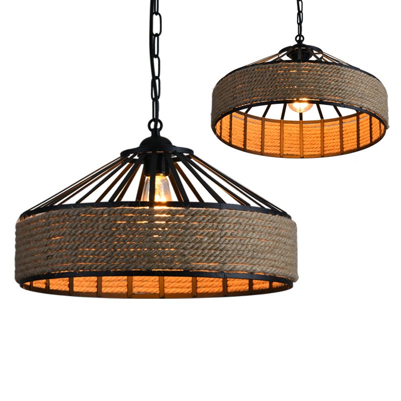 Zwart 1 lichte hanglampverlichting boerderij touw kegel kooi ijzer hanglampkit voor eetkamer, 12 "/16" /19.5 "w