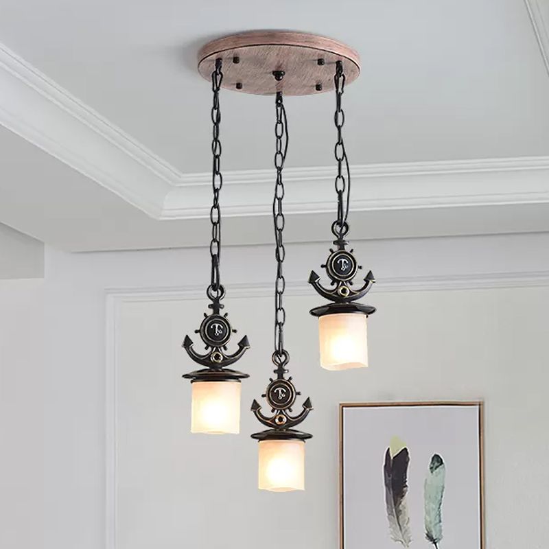 Black Cylinder Suspension Lamp Creative 3 Lights Opaque Glass Multi Pendant with Anchor Chain, Linear/Round Canopy