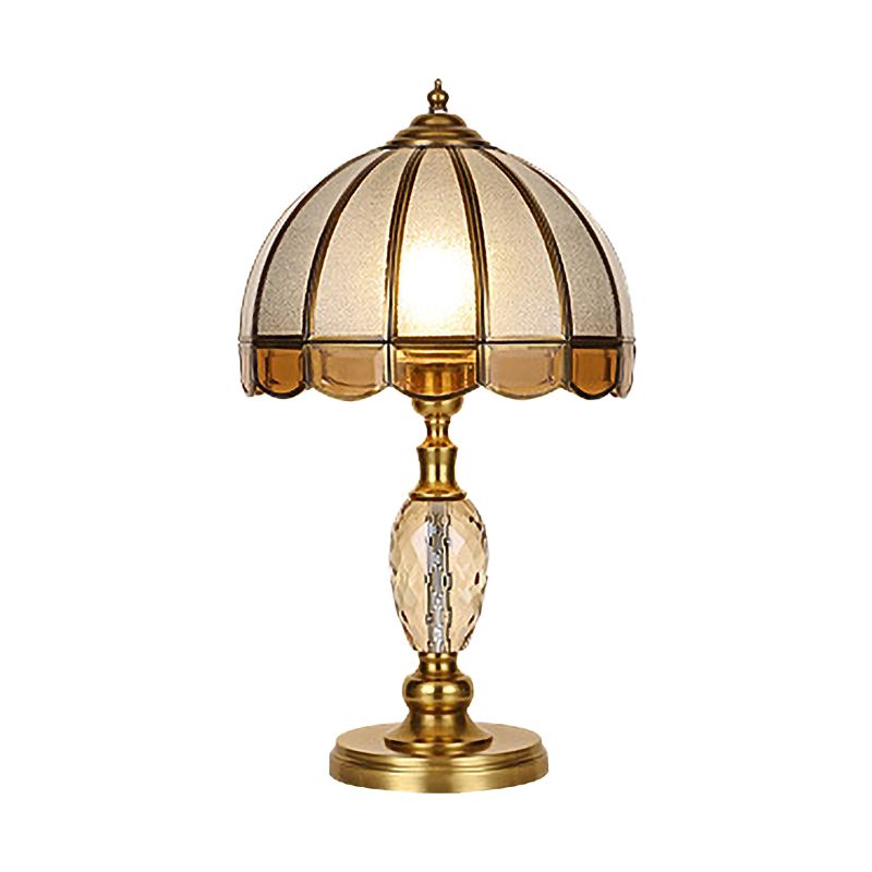 1 Bulb Night Lighting Colonial Scalloped Opal Glass Nightstand Lamp in Gold with Clear Crystal Drop