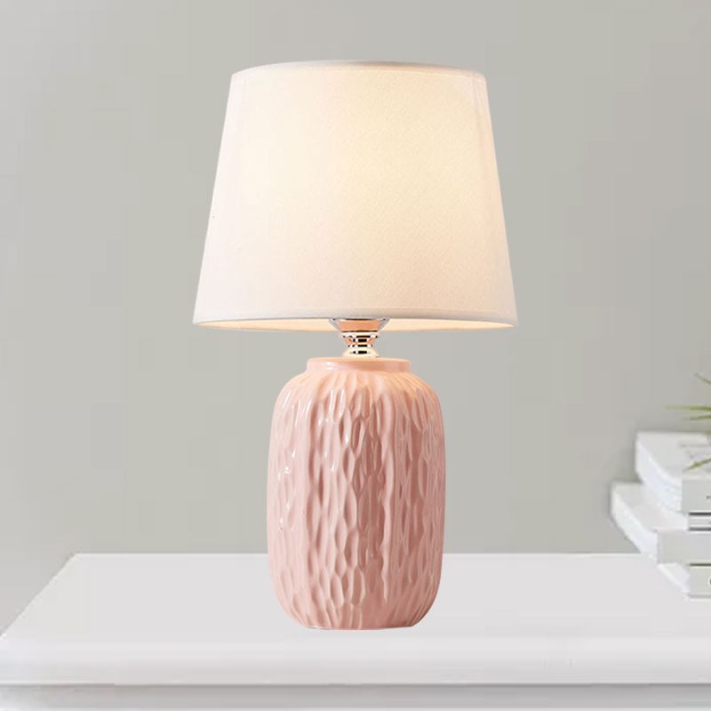 Single Hammered Ceramic Night Lamp Modern Pink/Blue/Yellow Oval Table Lighting with Tapered Lampshade