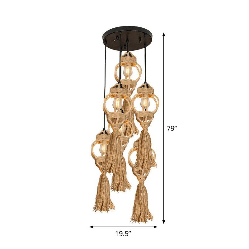 Hand-Made Lantern Kitchen Ceiling Light Farmhouse Hemp Rope 3/6-Head Brown Cluster Pendant with Round/Linear Canopy