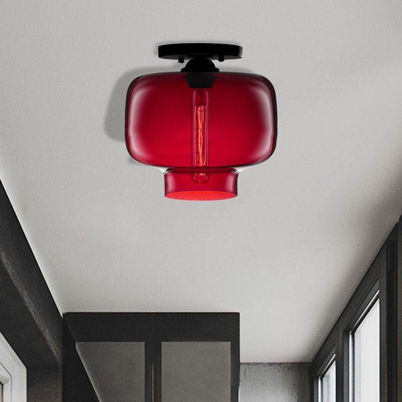 Moderne Rot/Himmelblau/Bernstein/Rauchgrau/Kaffee Laterne Flushmount Glühlampe 1 Birne Flush Mount Lampe mit Glasschirm in Schwarz