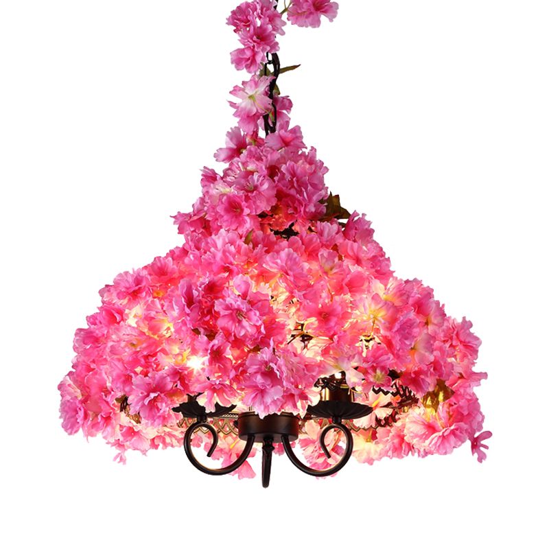 Cherry Blossom Metal Chandelier Light Industrial 3 Bulbs Restaurant LED Hanging Lamp in Pink