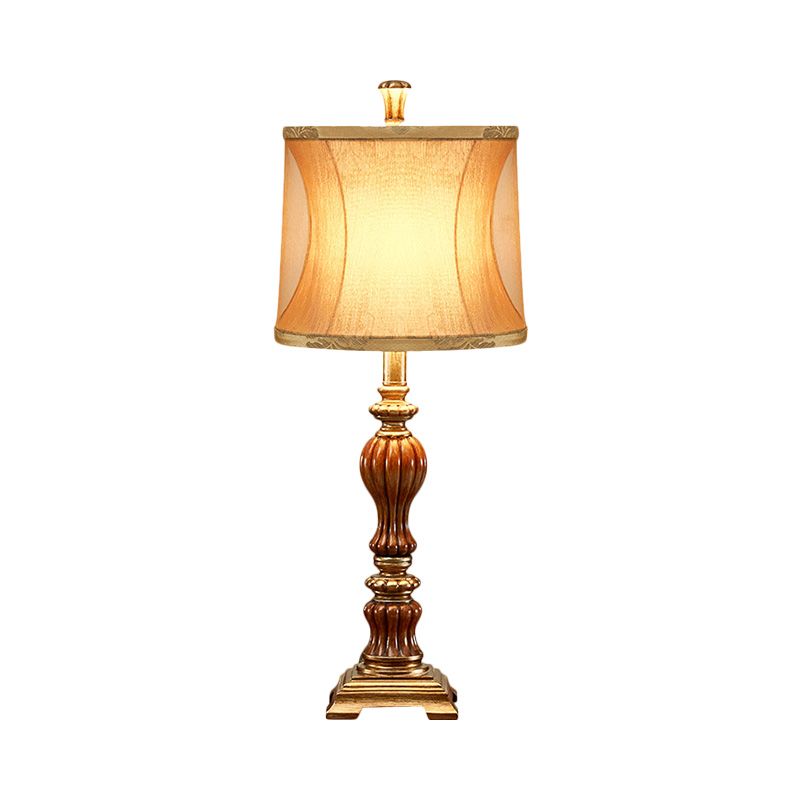 Drum Design Living Room Night Table Lamp Retro Style Fabric 1-Bulb Brown Desk Light with Square Pedestal