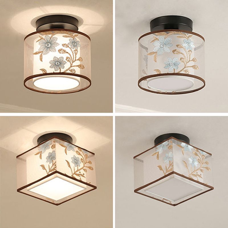 Mont semi-chassé à LED géométrique en fer forgé dans les tissus de style concis traditionnel Light Plafond pour salle à manger