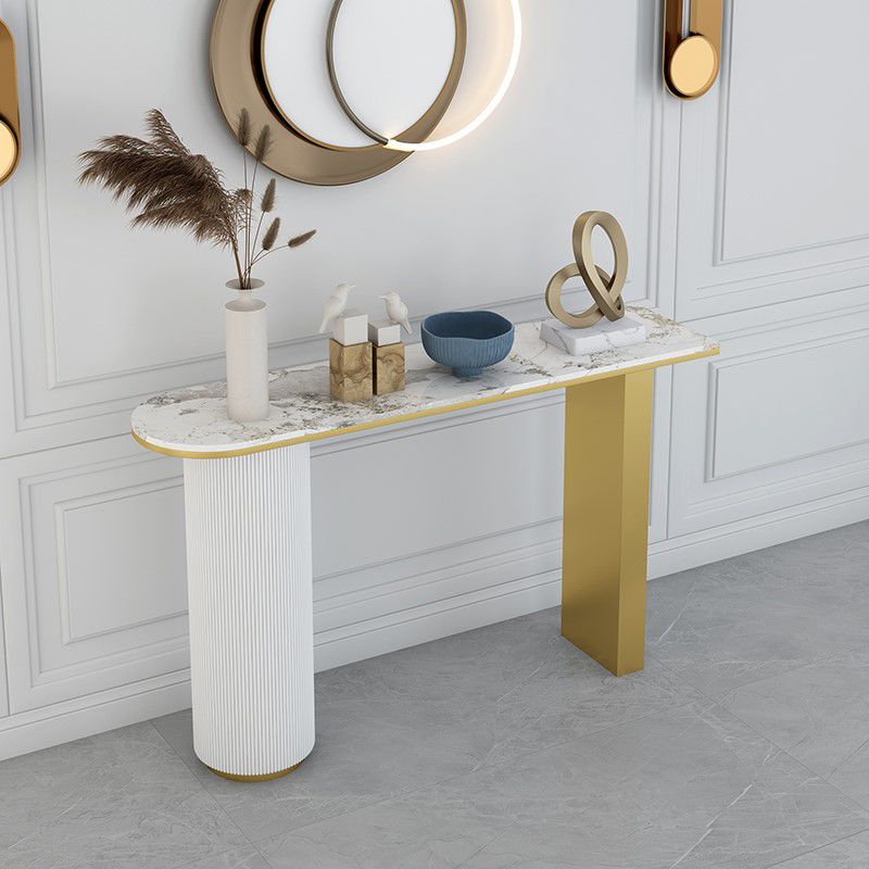 Half Moon Stone Top Accent Table with White and Golden Iron Base