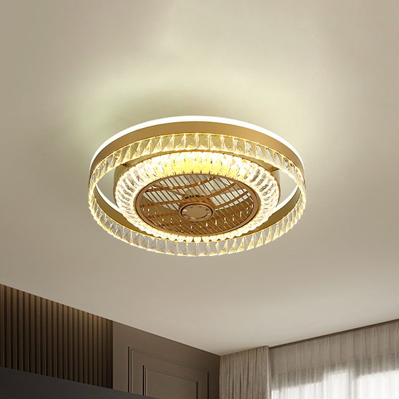 Ronde woonkamer plafondventilator lamp kristalblok led modernistische 4 bladen semi -flush licht in goud, 23,5 "w