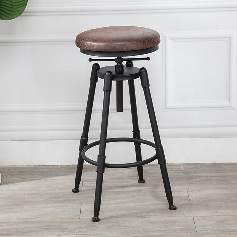 Industrial Metal Stool Wood Round Seat Adjustable Counter Stool in Matte Finish