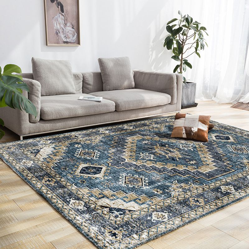 Blue Tone Distressed Area Carpet Polyester Floral Printed Indoor Rug Anti-Slip Backing Carpet for Living Room