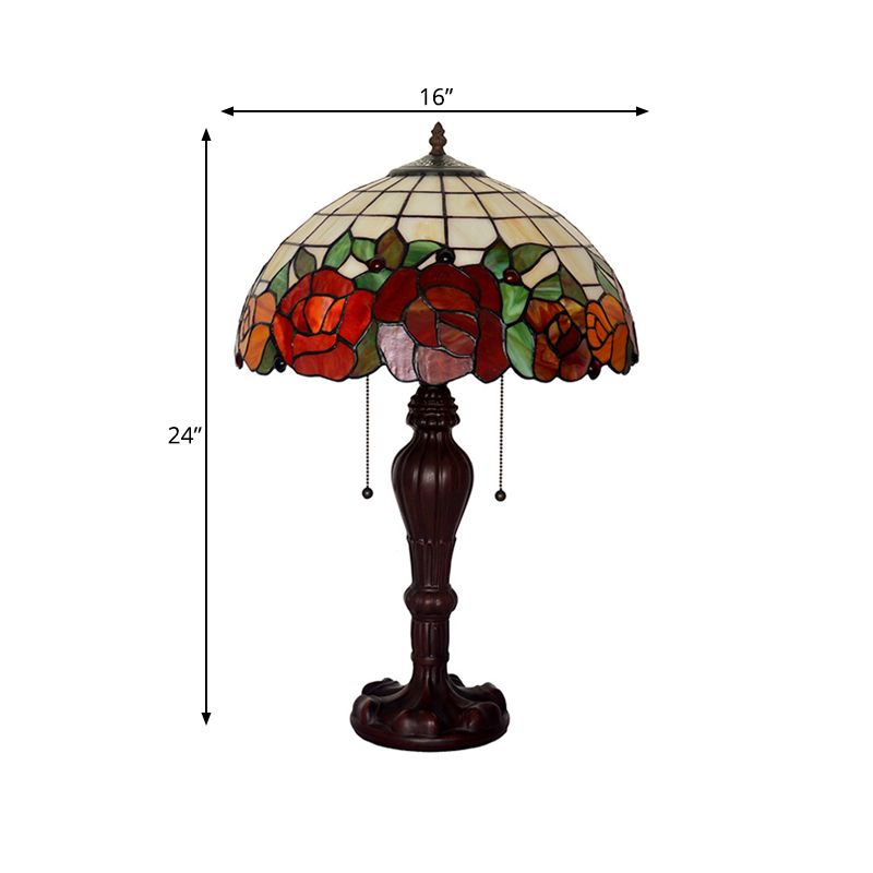 Rose-Edge Gridded Night Lamp 2-Light Stained Glass Tiffany Table Lighting with On Off Pull Chain in Coffee