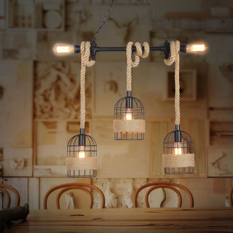 3/5 Bulbs Pendant Lighting with Birdcage and Natural Rope Loft Industrial Restaurant Ceiling Hanging Light in Black