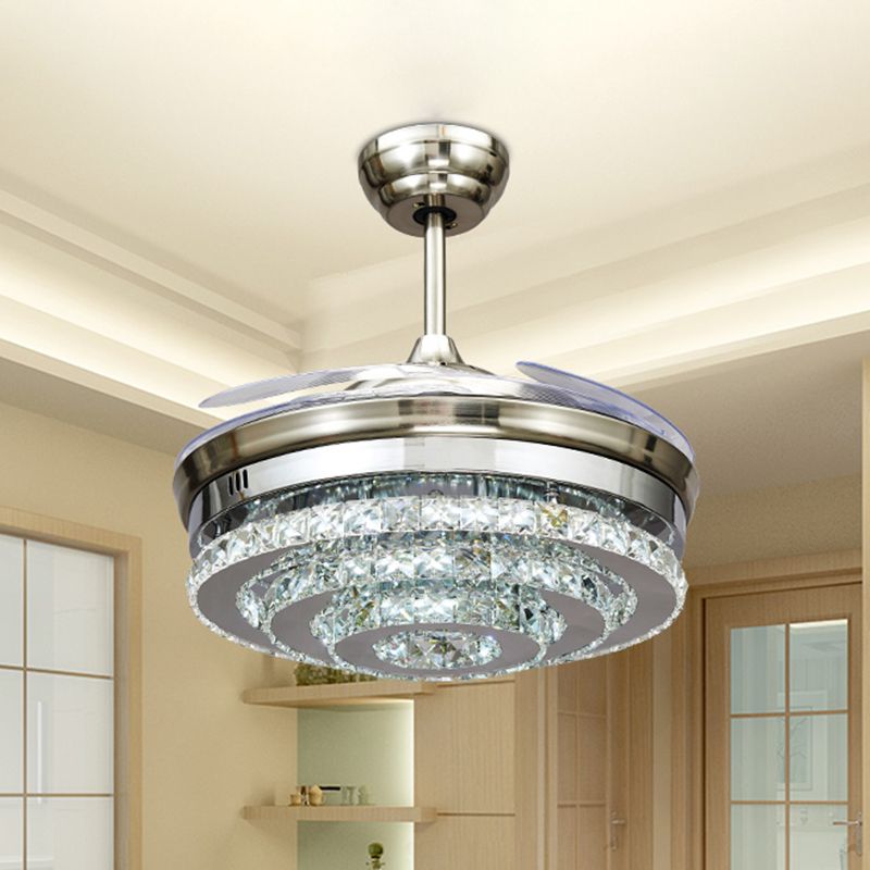 Chrome 3-Ring Flush Mount Ceiling Fan Modern Crystal 4 Blades Parlor LED Semi-Flush Mount Light, 42.5" W