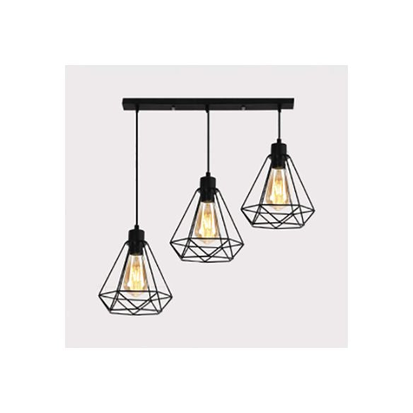 Metallic Wire Frame Hanging Lamp with Diamond Shade Retro Style 3 Heads Indoor Ceiling Light in Black