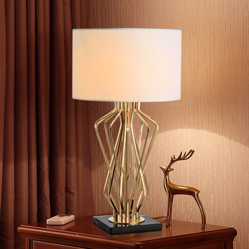 Gold Finish Hourglass Night Light Modern 1-Bulb Metal Table Lamp with Black/White Cylinder Fabric Shade