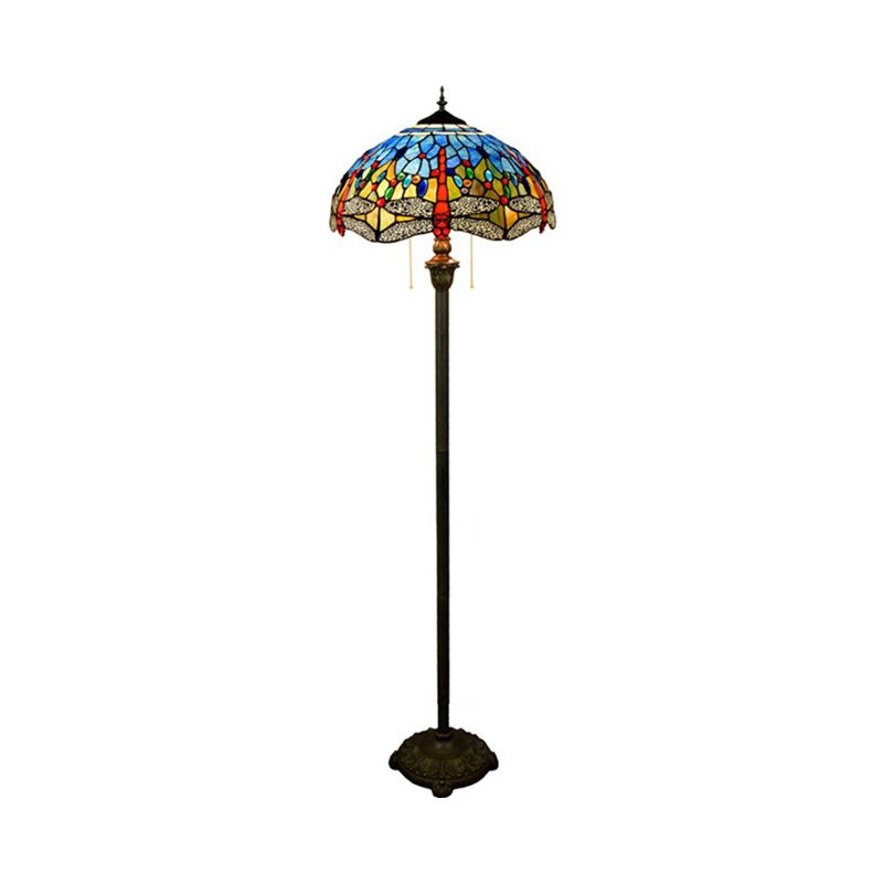 Dragonfly Floor Light 2 Heads Stained Art Glass Tiffany Standing Lamp with Pull Chain in Blue