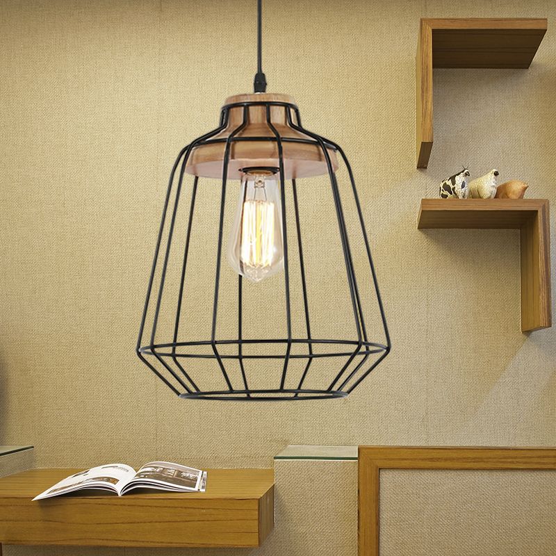 1 Head Hanging Pendant Light with Barrel/Cylinder Cage Shade Metal Retro Style Bedroom Hanging Lamp in Black