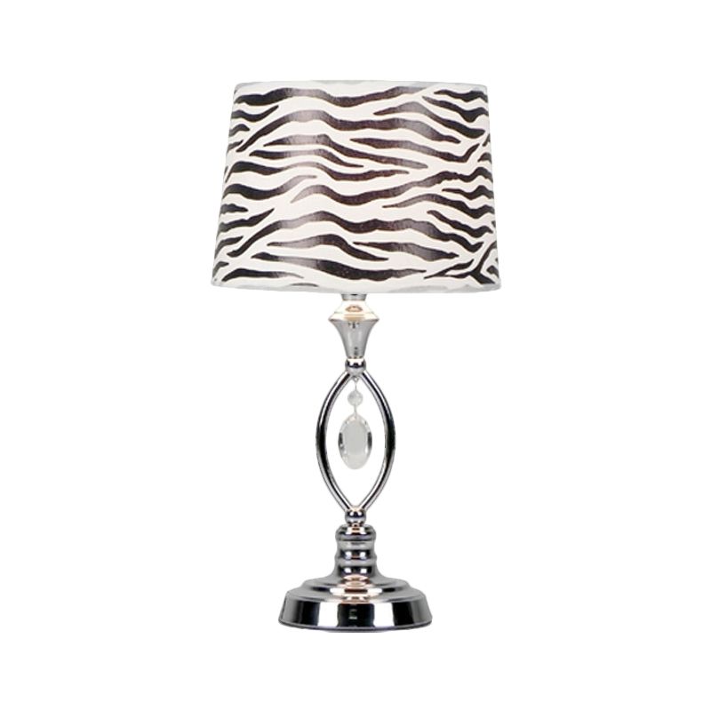 Fabric Barrel Shade Nightstand Lamp Modern Style 1 Head White/Red/Black and White Desk Light with Crystal Drop