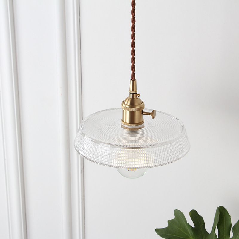 Loft Style Shaded Pendant Light Kit 1-Head Carved Glass Suspension Lighting in Brass