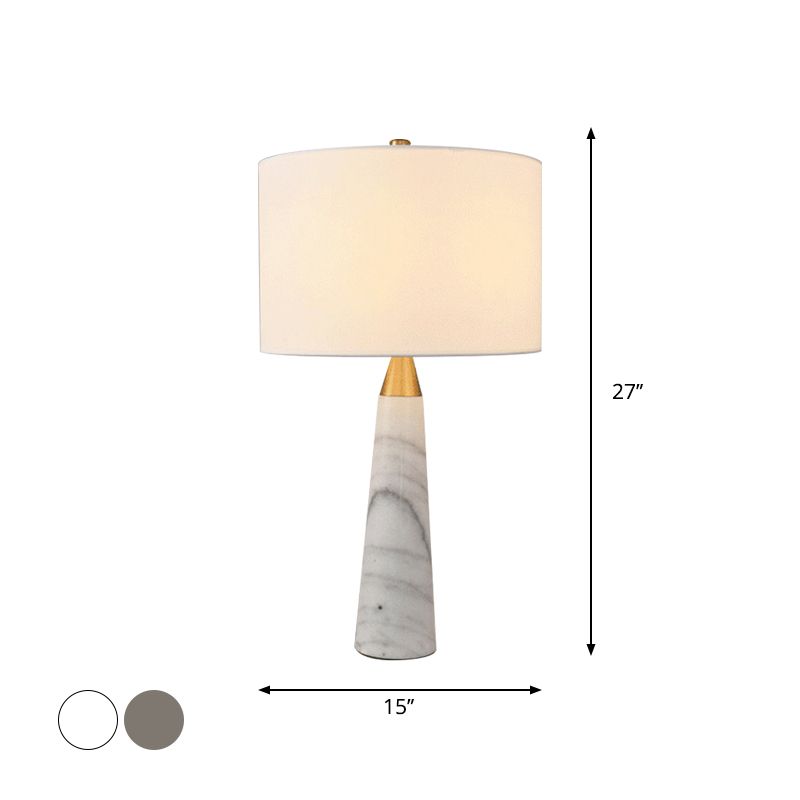 Fabric Cylinder Table Lamp Nordic Single-Bulb Nightstand Light with Conical Marble Base in Grey/White