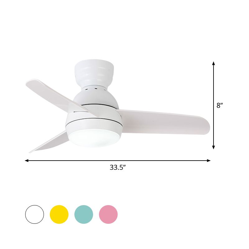 33.5" W LED Ceiling Fan Light Kids Dome Metal Semi Flushmount in Pink/Green/White with 3 White Plastic Blades, Wall/Remote Control