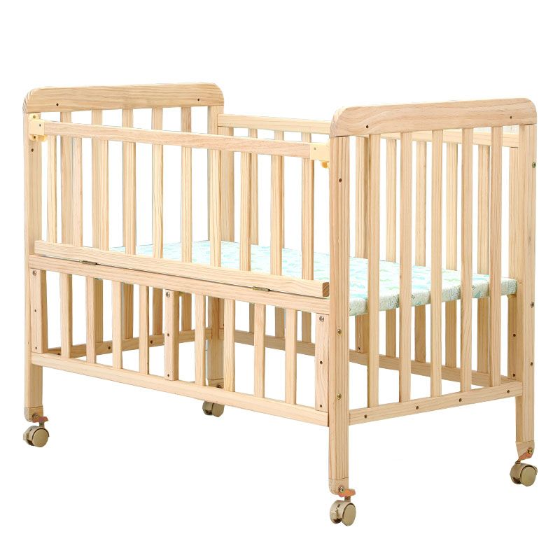 Light Wood Baby Crib Toddler Guard Rails Included Nursery Bed with Casters