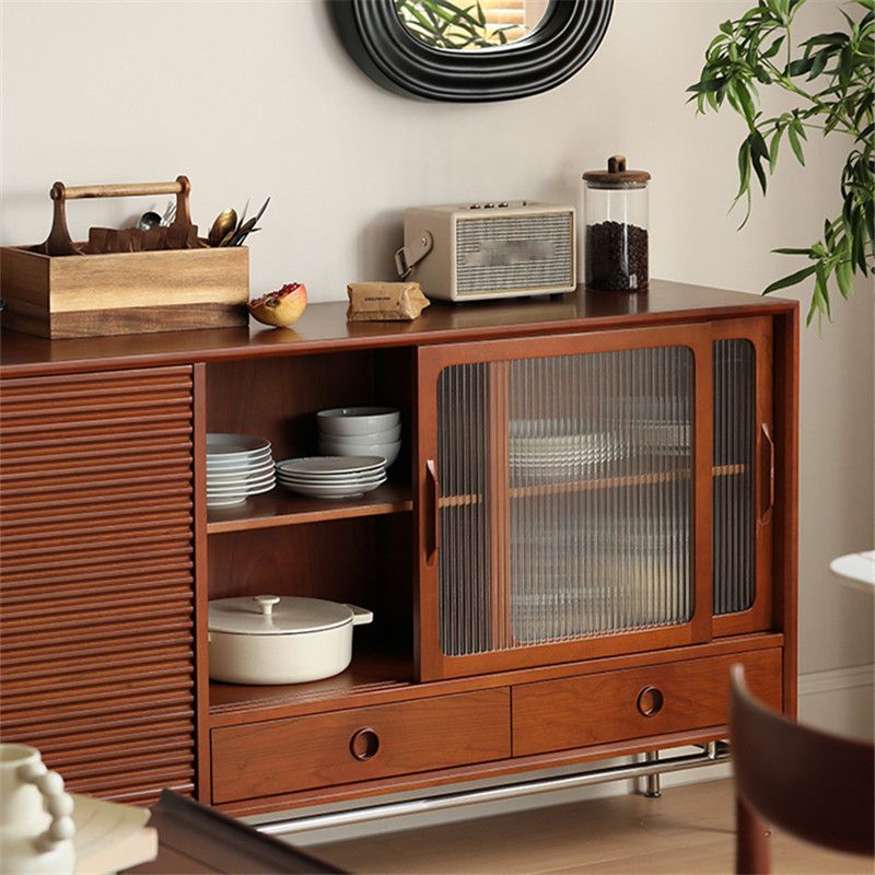 Contemporary Glass Doors Sideboard Cabinet with Storage in Brown