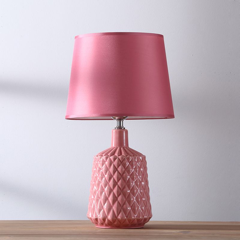 Barrel Night Table Lamp Modernism Ceramic 1 Light Living Room Nightstand Light in Pink with Fabric Shade