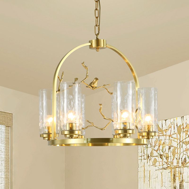 Colonial Cylinder Chandelier 6/8-Head Clear Dimpled Glass Hanging Ceiling Light for Living Room with Metal Frame