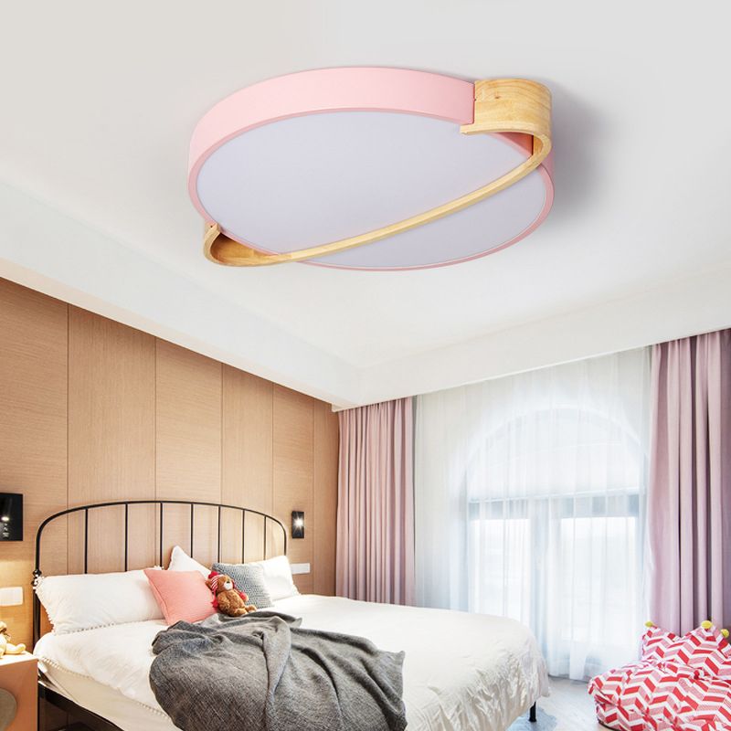 12"/16"/19.5" Dia Nordic Round Ceiling Light Fixture Metal Pink/Yellow/Green LED Flush Mount Light for Bedroom in Warm/White