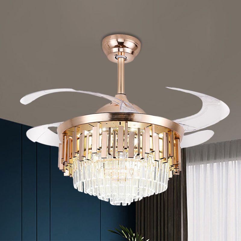 Tiered 4-Blade Semi Flush Mount Light Simple Crystal Rectangle 19" W LED Parlor Pendant Fan Lighting in Gold