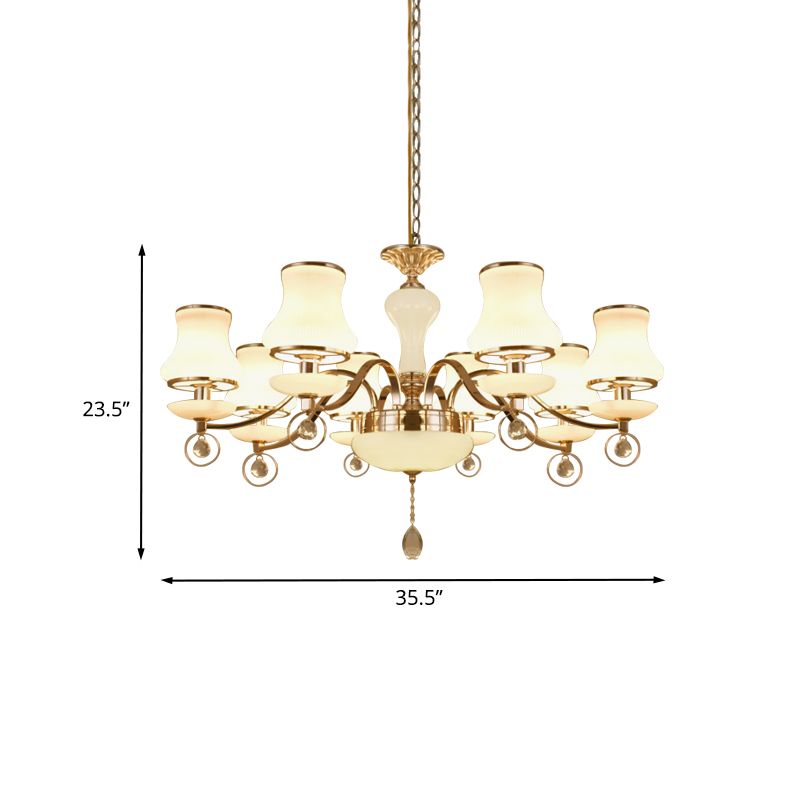 Champagne 8 Heads Chandelier Modernist White Glass Flared Crystal Ceiling Suspension Lamp