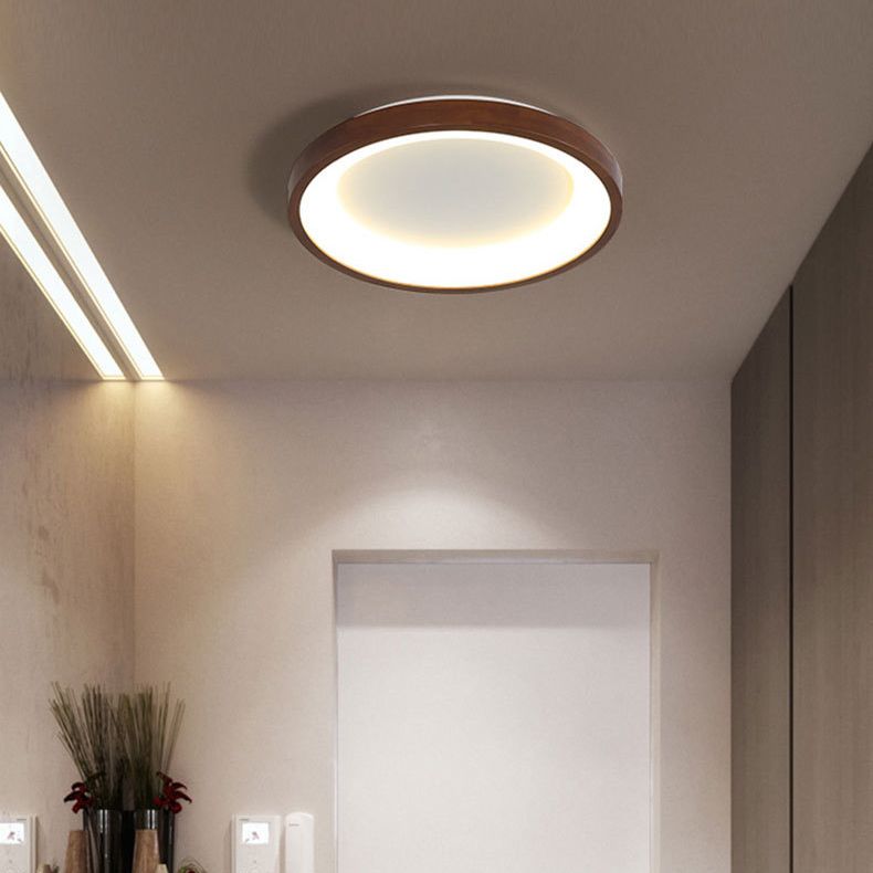 Round Shape Flush Mount Modern Style Wood 1 Light Flush Ceiling Light in Brown