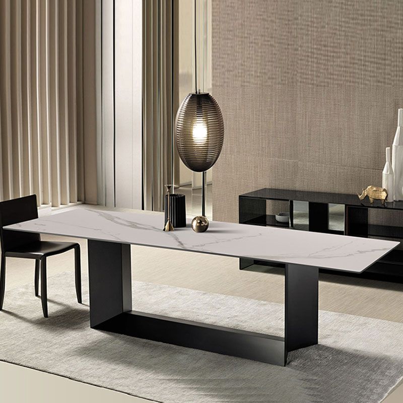 Rectangle Stone and Metal Dining table Modern Trestle Base Dining Table