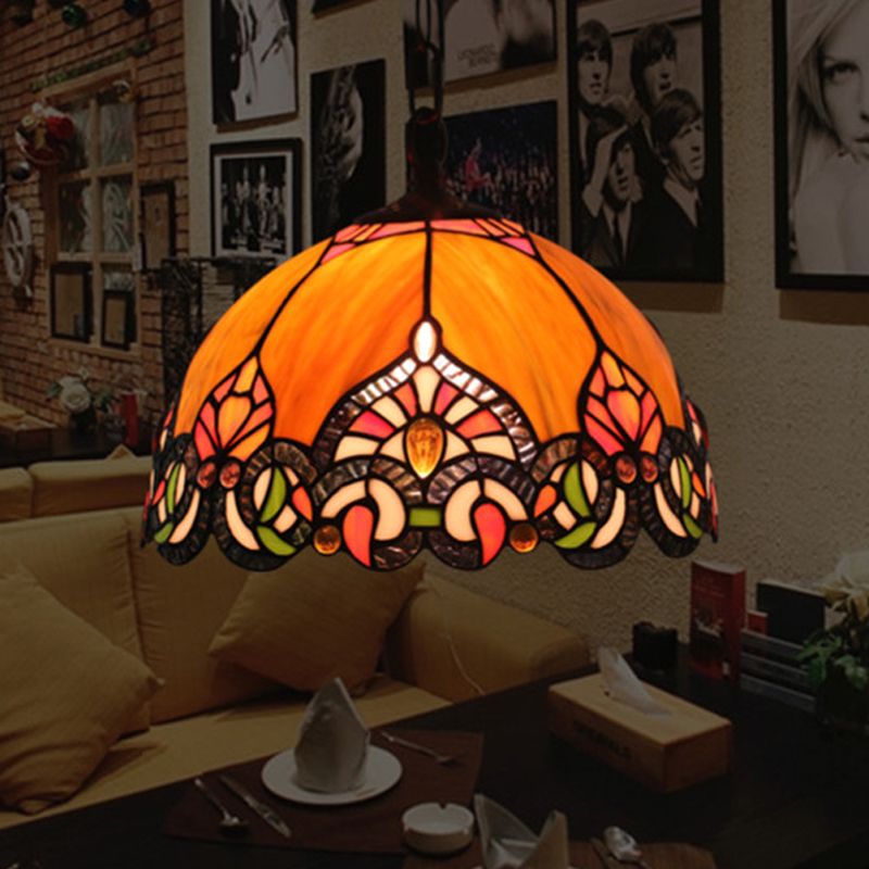 Victorian Domed Ceiling Pendant 1 Light Orange Cut Glass Hanging Light Kit for Living Room