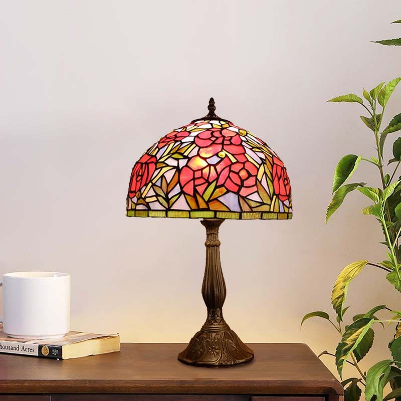 Red/Orange Bowl Table Lighting Tiffany 1 Light Stained Art Glass Rose Patterned Night Lamp for Bedroom