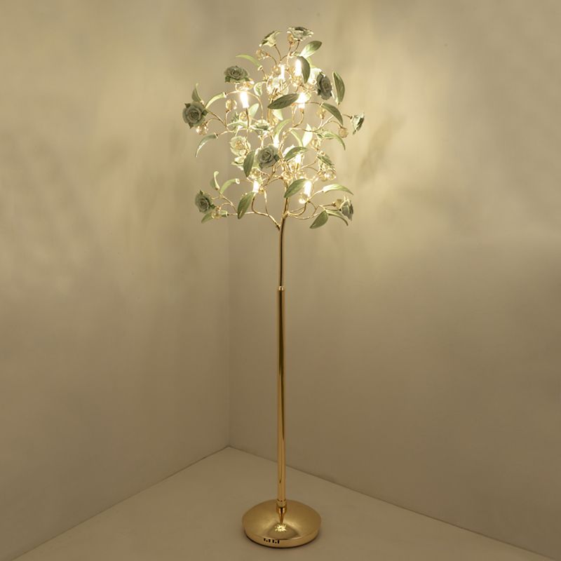 Korean Garden Rose Standing Light Ceramic LED Floor Lamp with Crystal Accents for Living Room