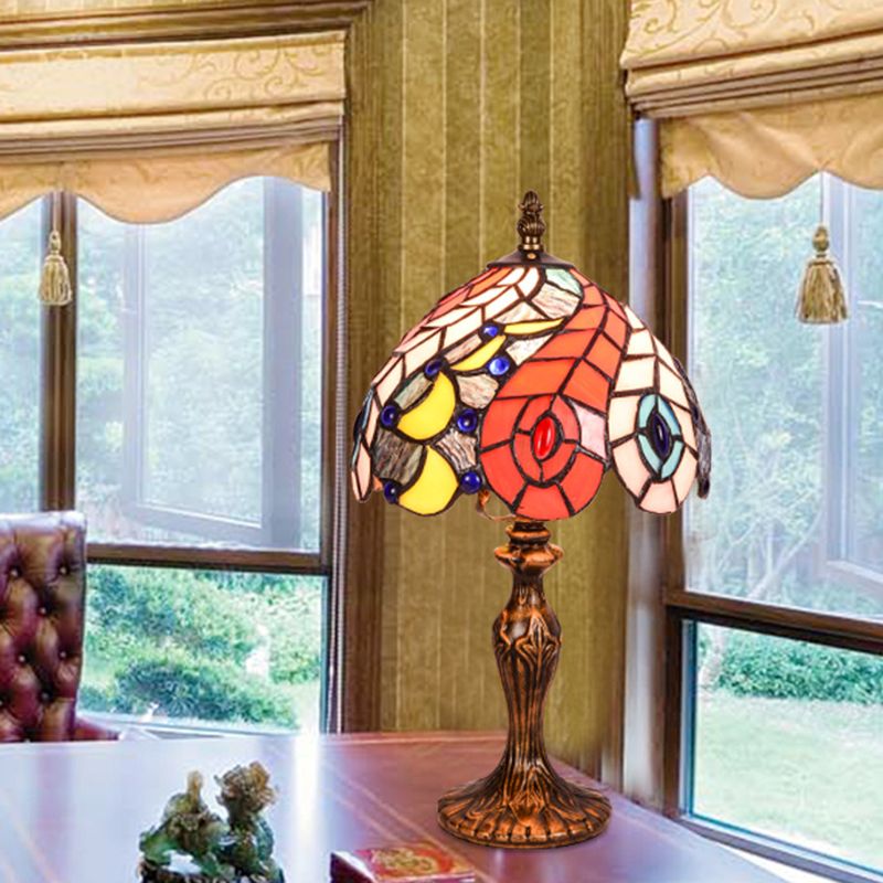 2-Light Bedroom Table Lamp Baroque Brass Peacock Tail Patterned Night Light with Bowl Stained Glass Shade