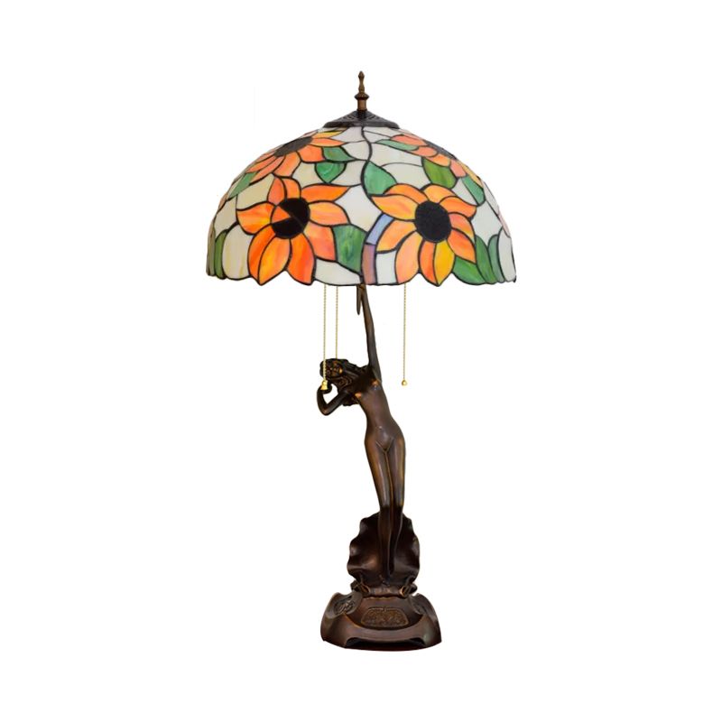 Flowering Stained Glass Table Lamp Tiffany-Style 3 Heads Red/Orange Pull-Chain Night Stand Light with Women Sculpture