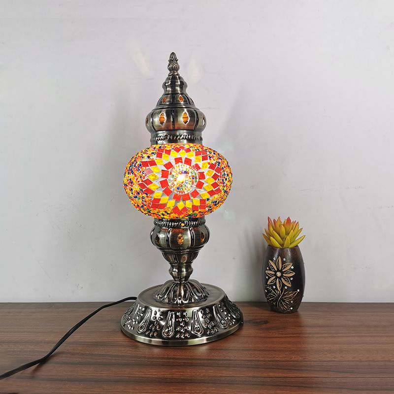 Stained Glass Bronze Night Light Sphere 1 Light Moroccan Style Table Lamp with Metal Base