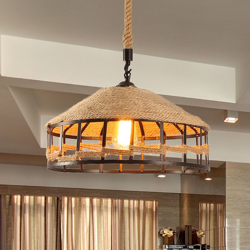 Mongolian Yurts Rope Pendant Vintage 1 Light Restaurant Ceiling Hang Fixture in Beige with Wire Cage, 12"/16"/19.5" W