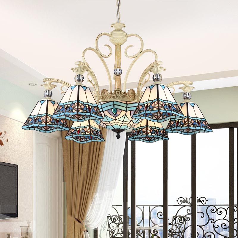 Stained Glass Blue Chandelier Light Fixture Pyramid 11 Lights Baroque Ceiling Suspension Lamp