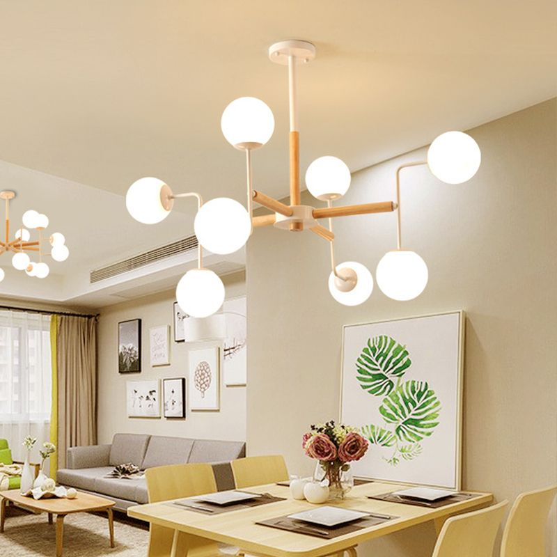 Simple Chandelier Lighting Fixture Wood Spherical Pendant Lamp with Opaline Glass Shade