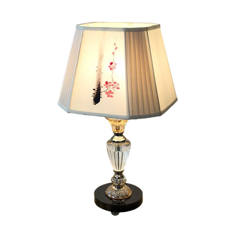 Paneled Bell Bedroom Table Lighting Fabric Shade 1 Light Contemporary Night Lamp with Floral Painting Design