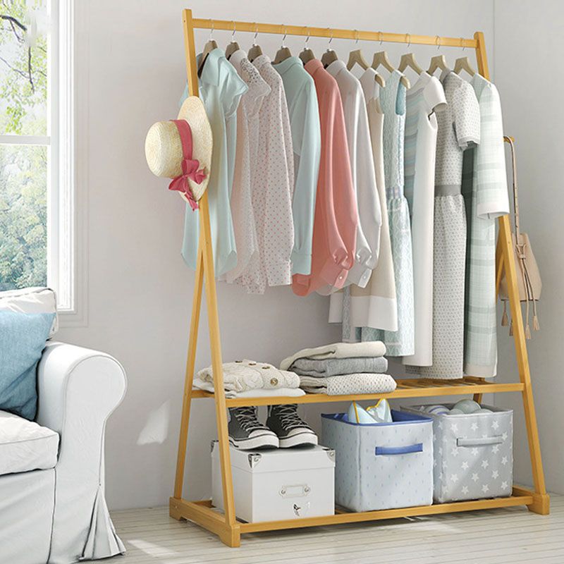 Modern Clothes Hanger Solid Wood Free Standing Coat Rack with Storage Shelves