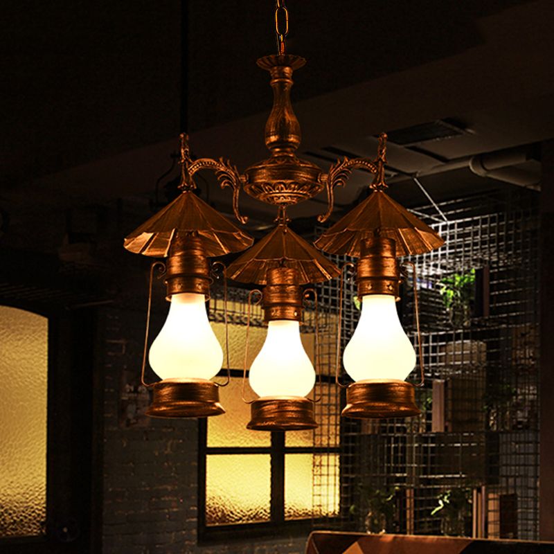 Bronze 3 Heads Pendant Chandelier Warehouse Yellow Crackle/White Glass Kerosene Hanging Ceiling Light for Restaurant