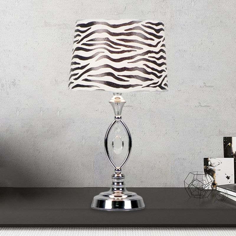 Fabric Barrel Shade Nightstand Lamp Modern Style 1 Head White/Red/Black and White Desk Light with Crystal Drop