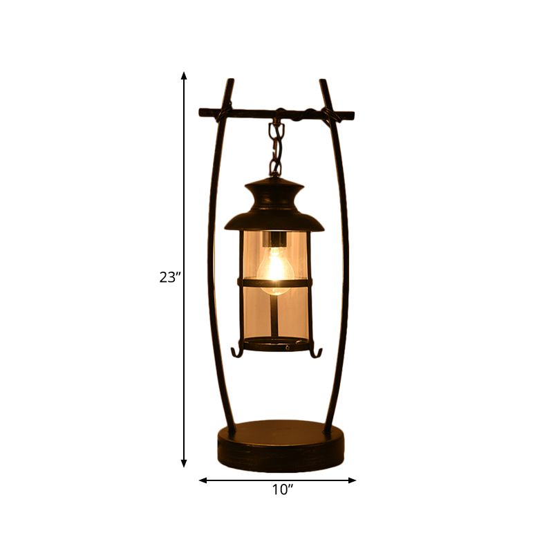 Brass 1 Light Desk Lamp Coastal Oval Frame Metal Table Light with Lantern Clear Glass Shade