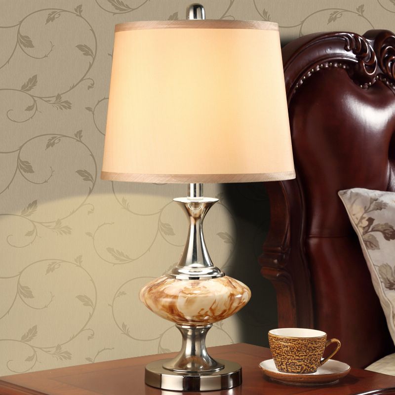 Country Drum Nightstand Light 1 Light Fabric Table Lighting with Bellied Base in Nickel