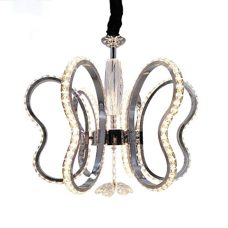 Crystal Butterfly Suspended Lighting Fixture Modern LED Ceiling Hung Fixture in Chrome