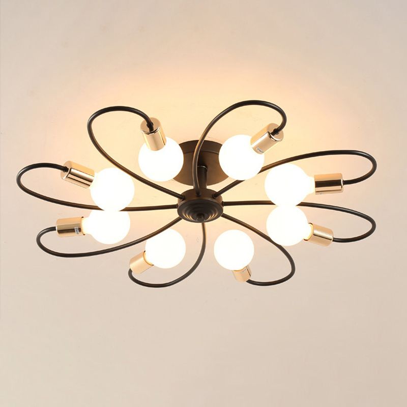 Bare Bulb Industrial Retro Semi-Flush Mount Radial Cast Iron Ceiling Light